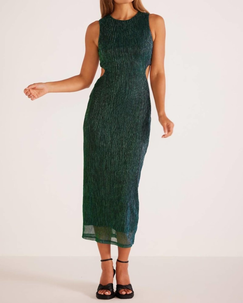 Front of a model wearing a size Large Women'S Astrid Cutout Midi Dress In Emerald Green in Emerald Green by MINKPINK. | dia_product_style_image_id:344672